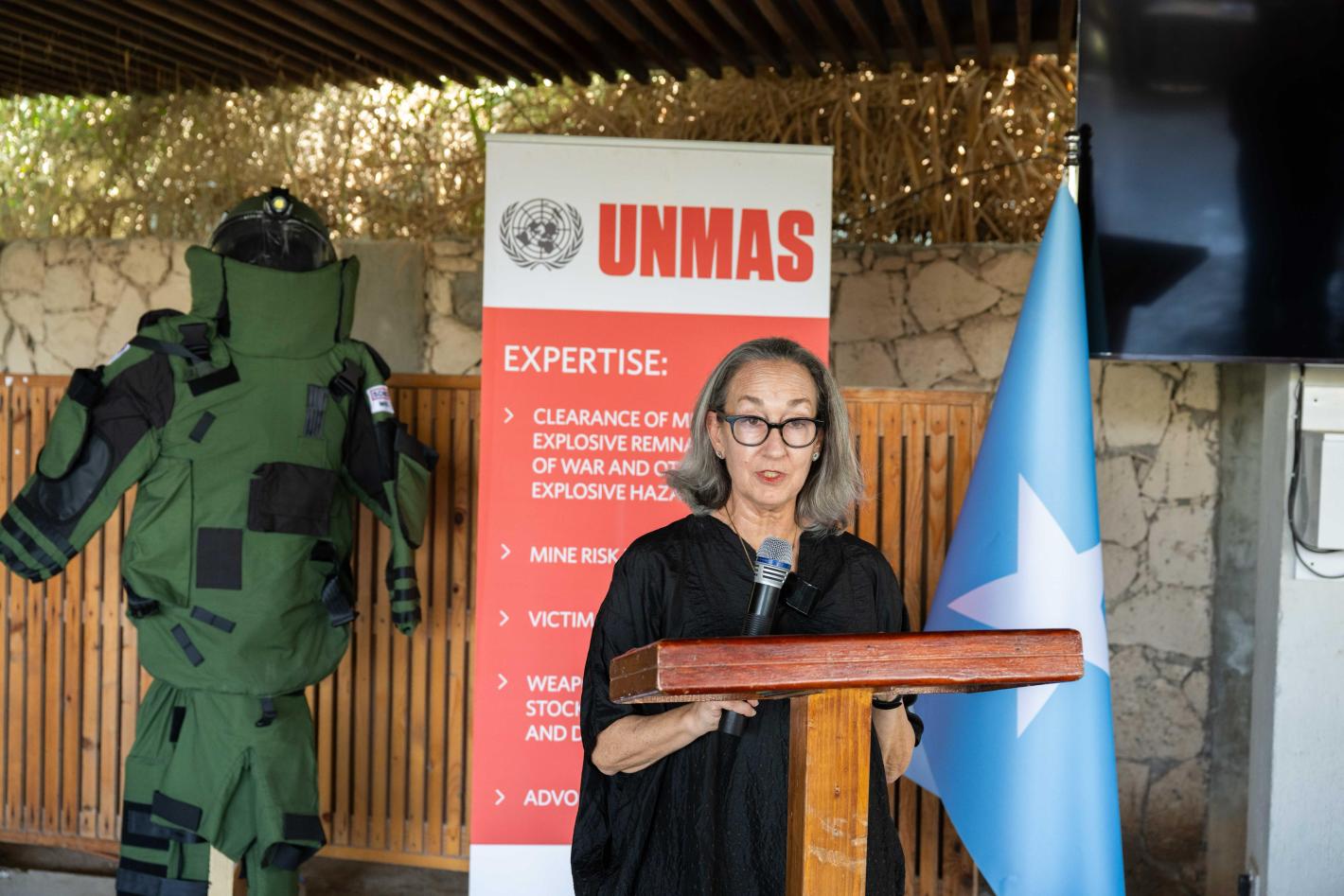 UNMAS Director Ilene Cohn delivers her remarks during a handover event facilitated by UNMAS in Mogadishu.