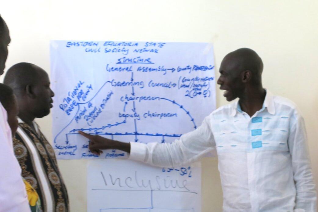 Members of the Civil Society Network in Eastern Equatoria developed a new action plan to boost engagement ahead of the country’s first elections as a sovereign state. Person pointing at a large sheet of paper with handwritten notes and diagrams during a group discussion, with others standing nearby.