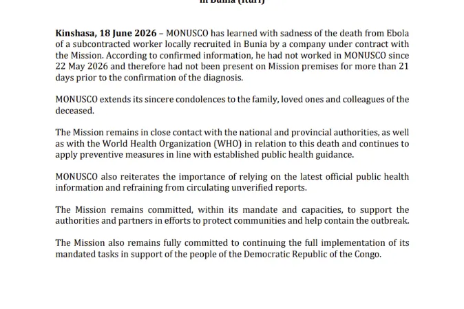 MONUSCO announces the Ebola-related death of a subcontracted worker in Bunia (Ituri)