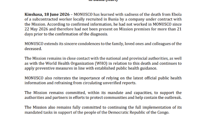 MONUSCO announces the Ebola-related death of a subcontracted worker in Bunia (Ituri)