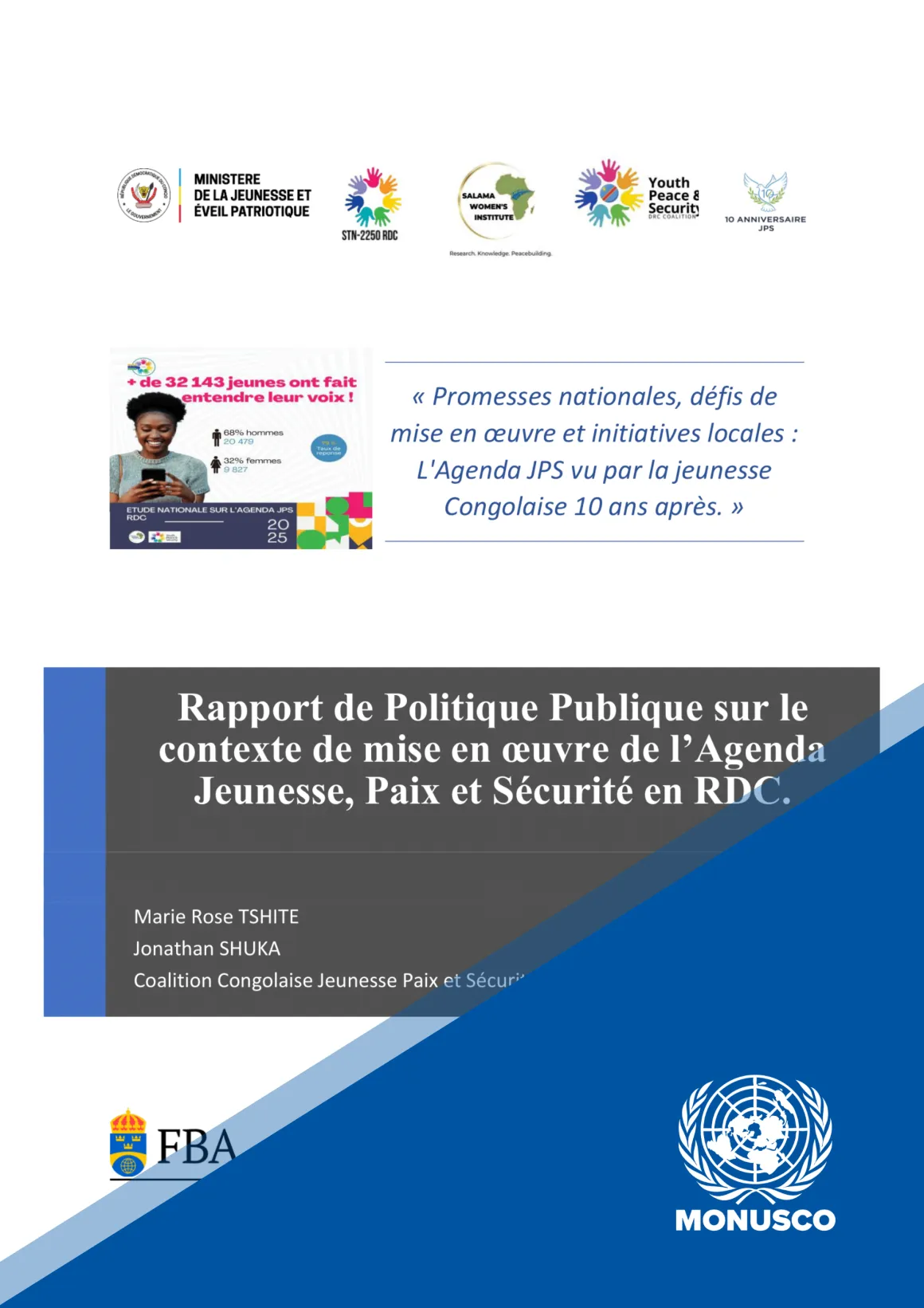 Rapport de Politique Publique sur le contexte de mise en oeuvre de l’Agenda Jeunesse, Paix et Sécurité en RDC. - No.1